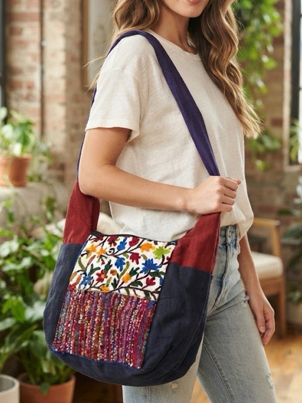Kathmandu Boho Patchwork Colorblock Embroidered Corduroy Crossbody Cotton Bagl